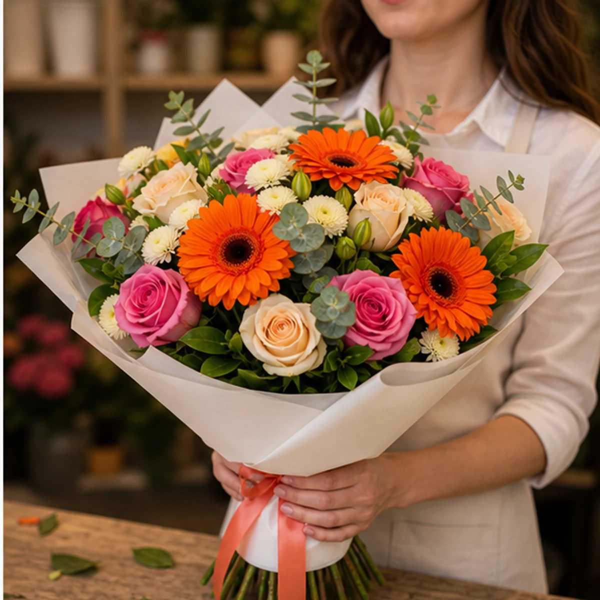 Buchet de flori pentru zi de nastere colorat cu gerbera si trandafiri - poza 2