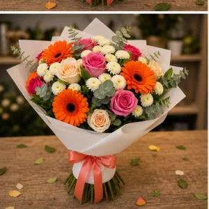 Buchet de flori pentru zi de nastere colorat cu gerbera si trandafiri - poza 3