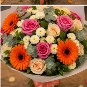 Buchet de flori pentru zi de nastere colorat cu gerbera si trandafiri - poza 4
