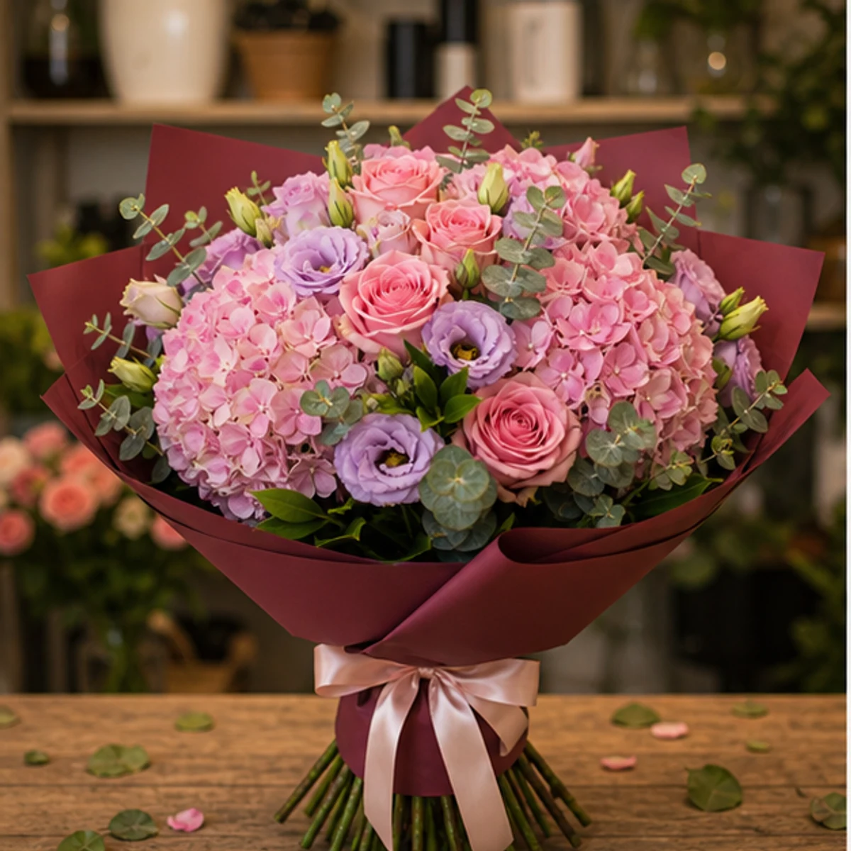 Buchet de flori pentru zi de nastere de lux roz cu hortensie - poza 1