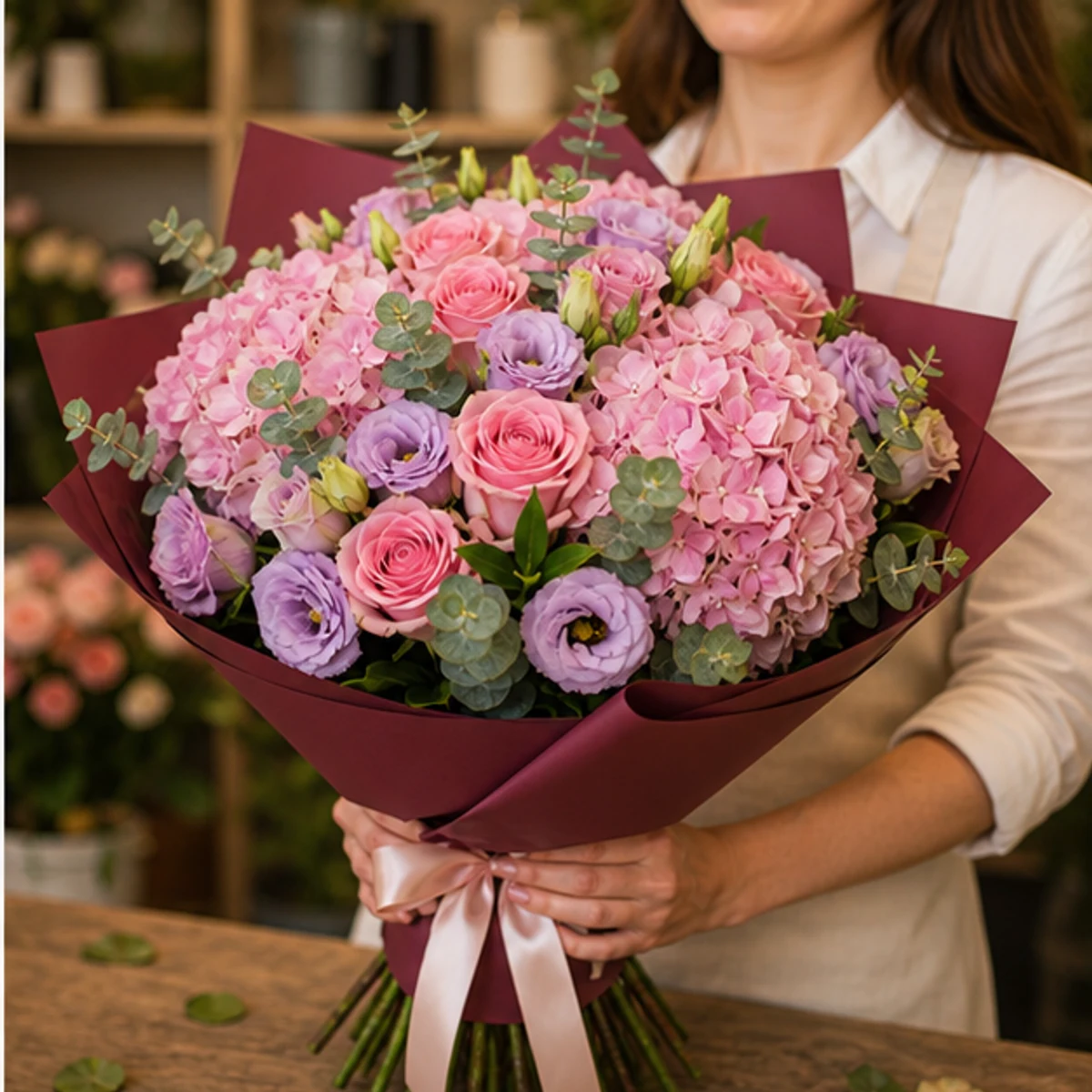 Buchet de flori pentru zi de nastere de lux roz cu hortensie - poza 2