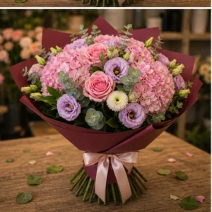 Buchet de flori pentru zi de nastere de lux roz cu hortensie - poza 3