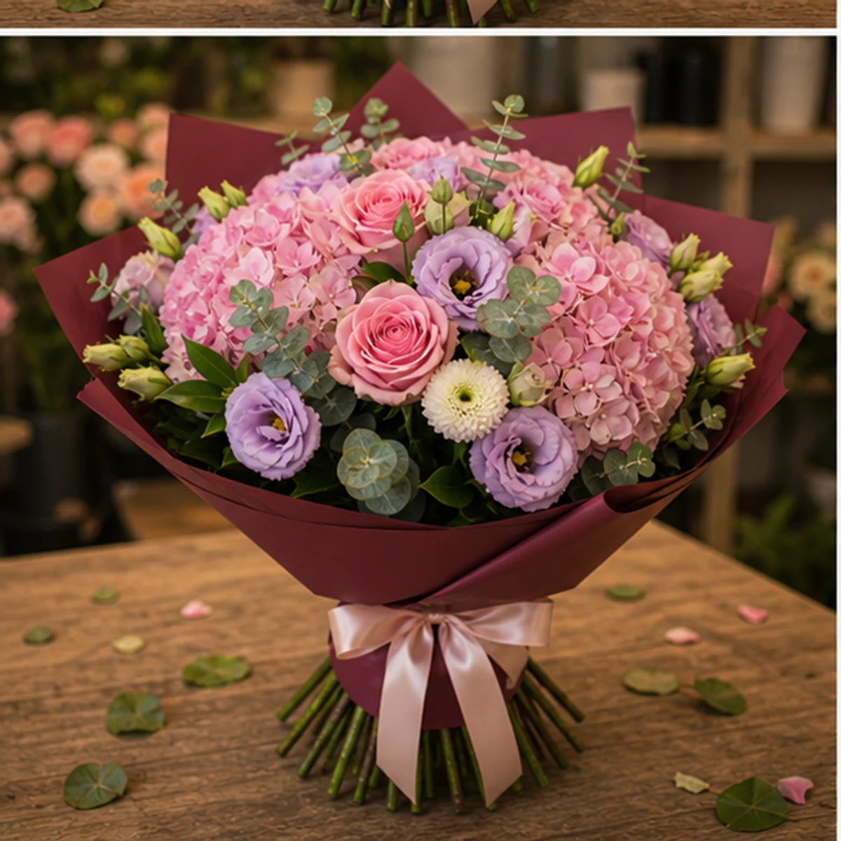 Buchet de flori pentru zi de nastere de lux roz cu hortensie - poza 3