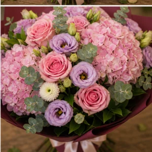 Buchet de flori pentru zi de nastere de lux roz cu hortensie - poza 4