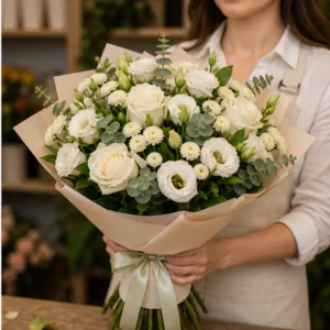 Buchet de flori pentru zi de nastere elegant cu trandafiri albi - poza 2