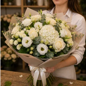 Buchet de flori pentru zi de nastere grandios alb crem cu lisianthus - poza 2