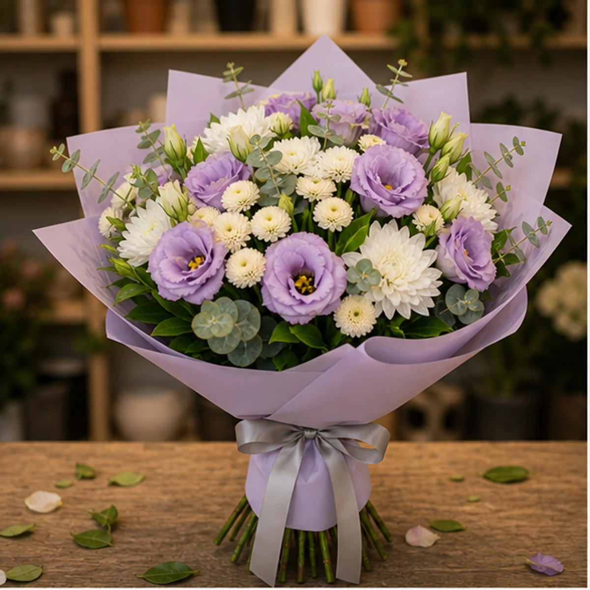 Buchet de flori pentru zi de nastere lila cu lisianthus si santini - poza 1