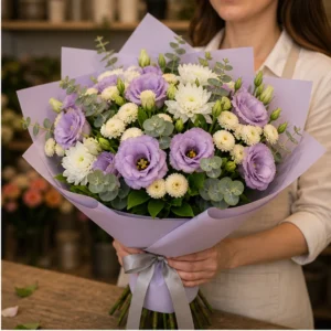 Buchet de flori pentru zi de nastere lila cu lisianthus si santini - poza 2
