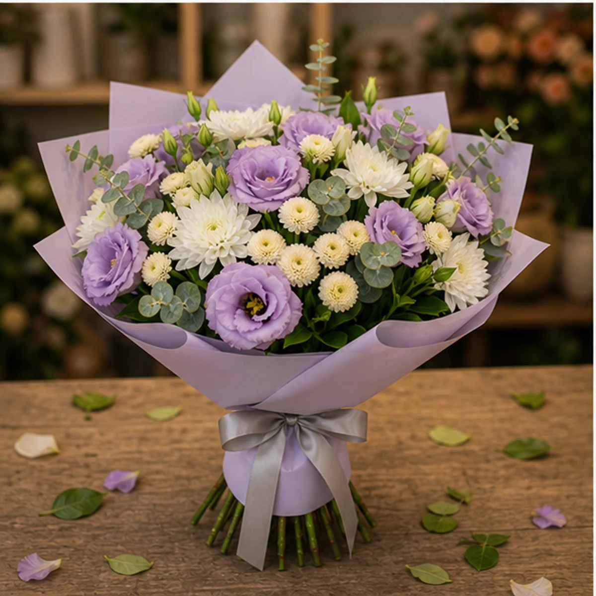 Buchet de flori pentru zi de nastere lila cu lisianthus si santini - poza 3
