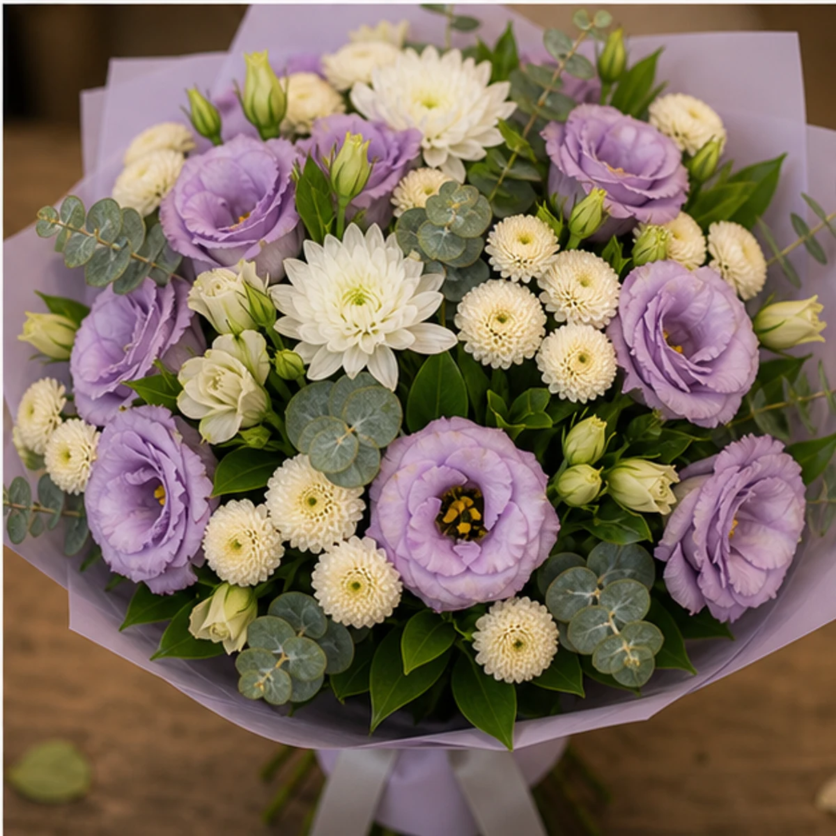 Buchet de flori pentru zi de nastere lila cu lisianthus si santini - poza 4