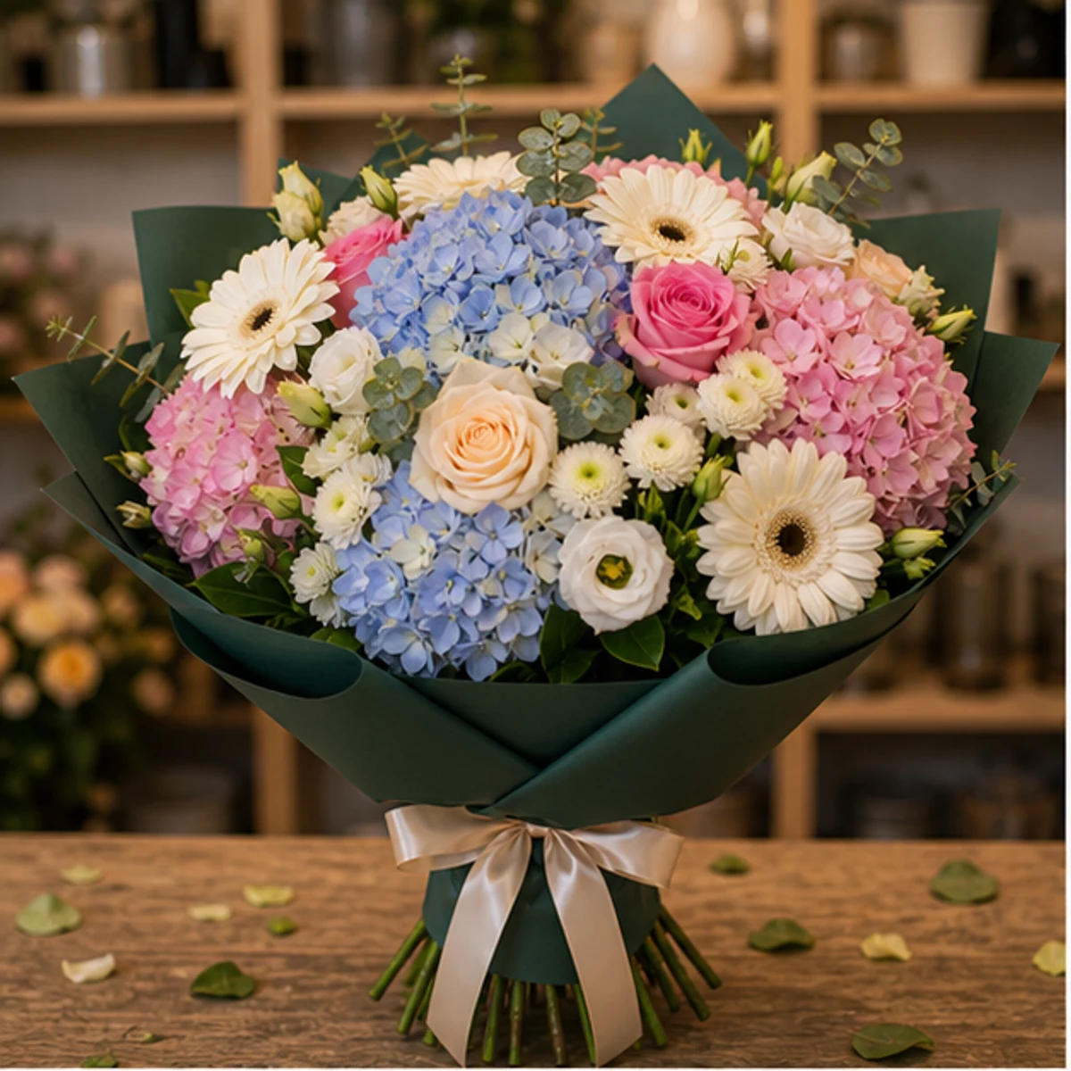 Buchet de flori pentru zi de nastere lux multicolor cu hortensie si gerbera - poza 1