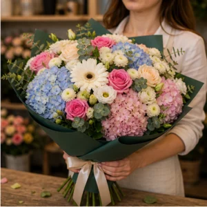 Buchet de flori pentru zi de nastere lux multicolor cu hortensie si gerbera - poza 2