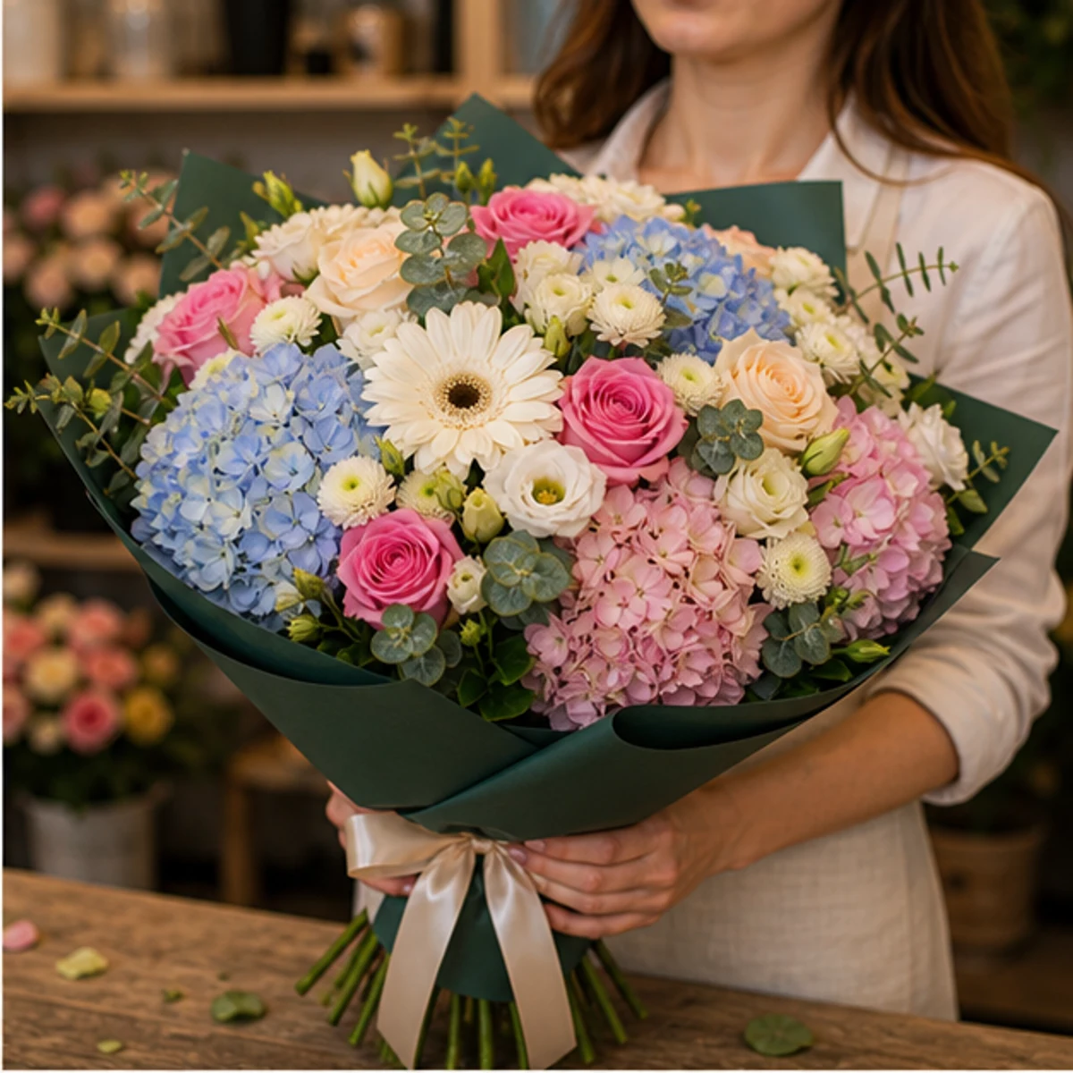 Buchet de flori pentru zi de nastere lux multicolor cu hortensie si gerbera - poza 2