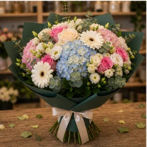 Buchet de flori pentru zi de nastere lux multicolor cu hortensie si gerbera - poza 3