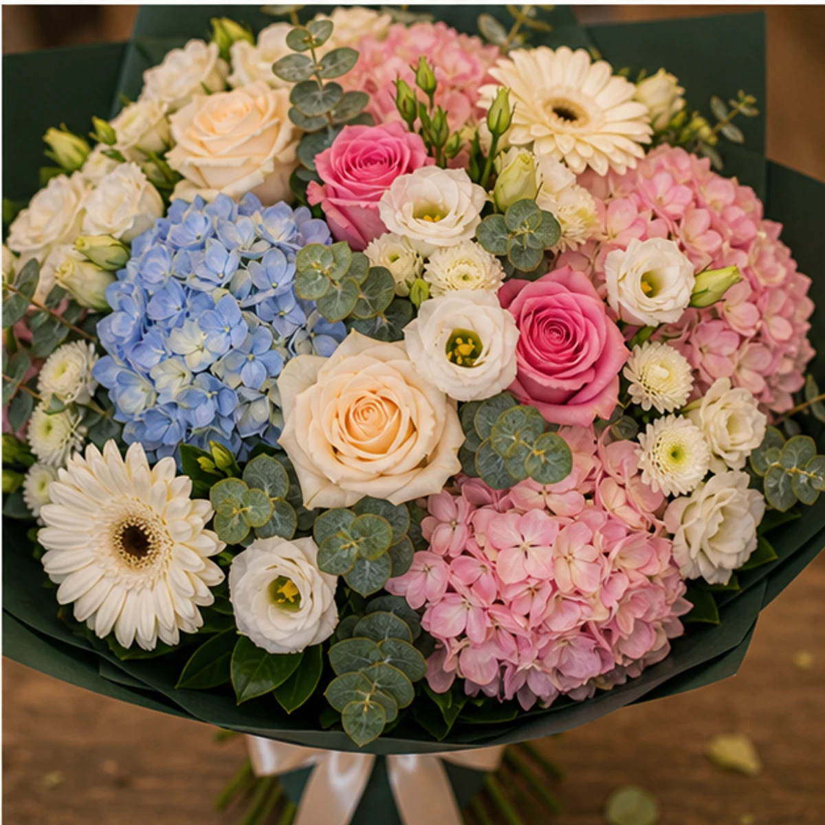 Buchet de flori pentru zi de nastere lux multicolor cu hortensie si gerbera - poza 4