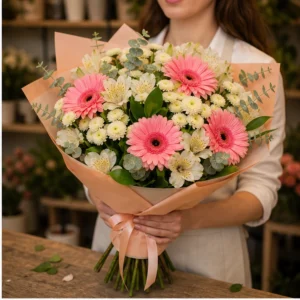 Buchet de flori pentru zi de nastere pastel cu gerbera si alstroemeria - poza 2