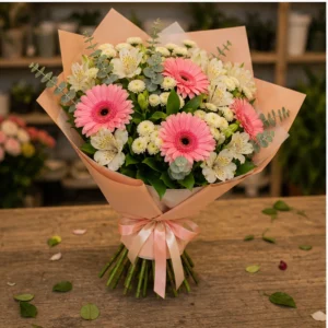 Buchet de flori pentru zi de nastere pastel cu gerbera si alstroemeria - poza 3
