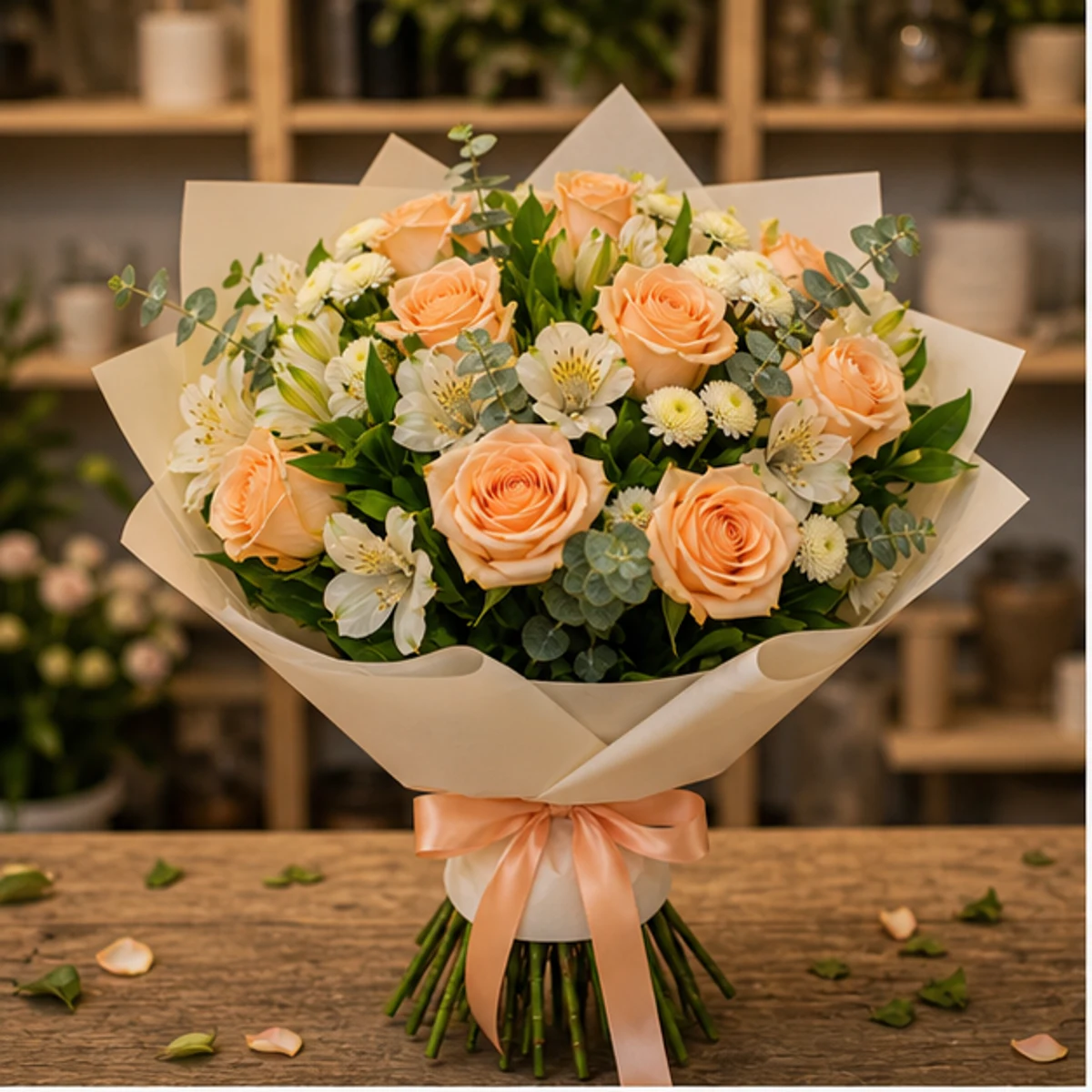 Buchet de flori pentru zi de nastere piersica cu trandafiri - poza 1