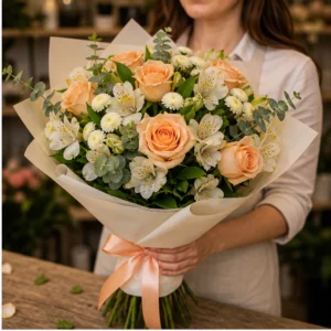 Buchet de flori pentru zi de nastere piersica cu trandafiri - poza 2