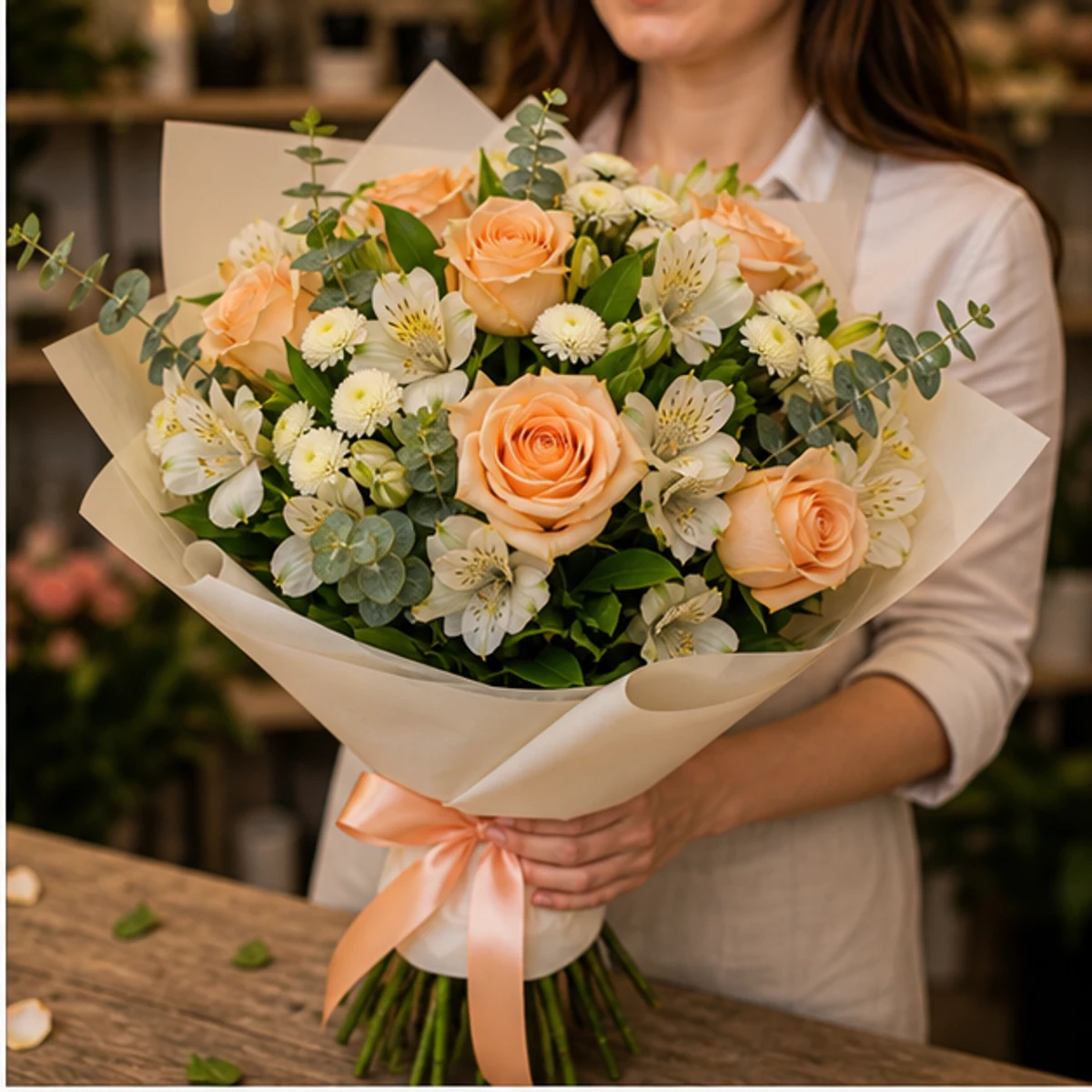 Buchet de flori pentru zi de nastere piersica cu trandafiri - poza 2