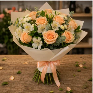 Buchet de flori pentru zi de nastere piersica cu trandafiri - poza 3