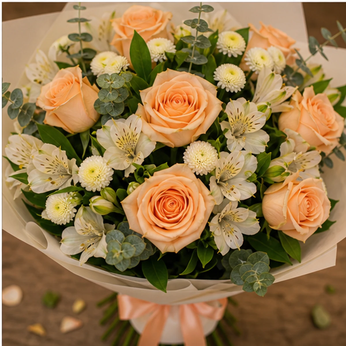 Buchet de flori pentru zi de nastere piersica cu trandafiri - poza 4