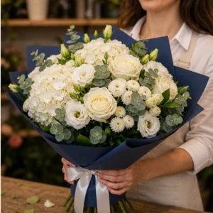 Buchet de flori pentru zi de nastere premium alb cu hortensie - poza 2