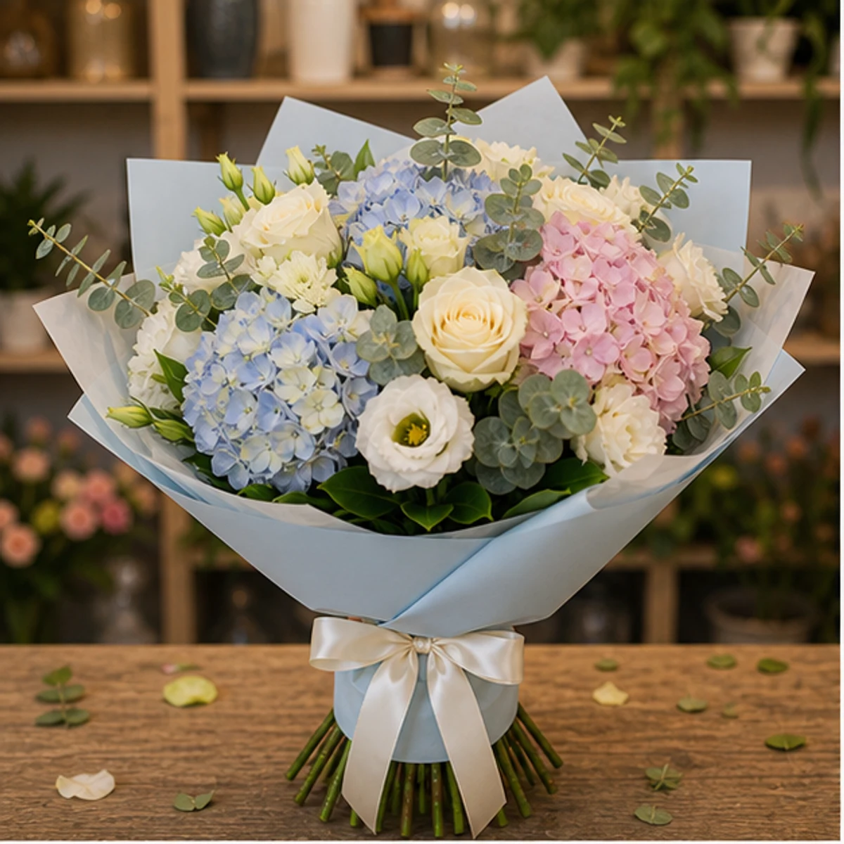 Buchet de flori pentru zi de nastere premium pastel cu hortensie - poza 1