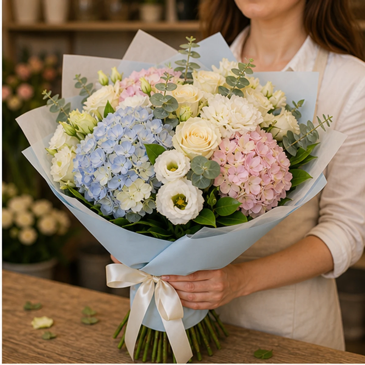 Buchet de flori pentru zi de nastere premium pastel cu hortensie - poza 2