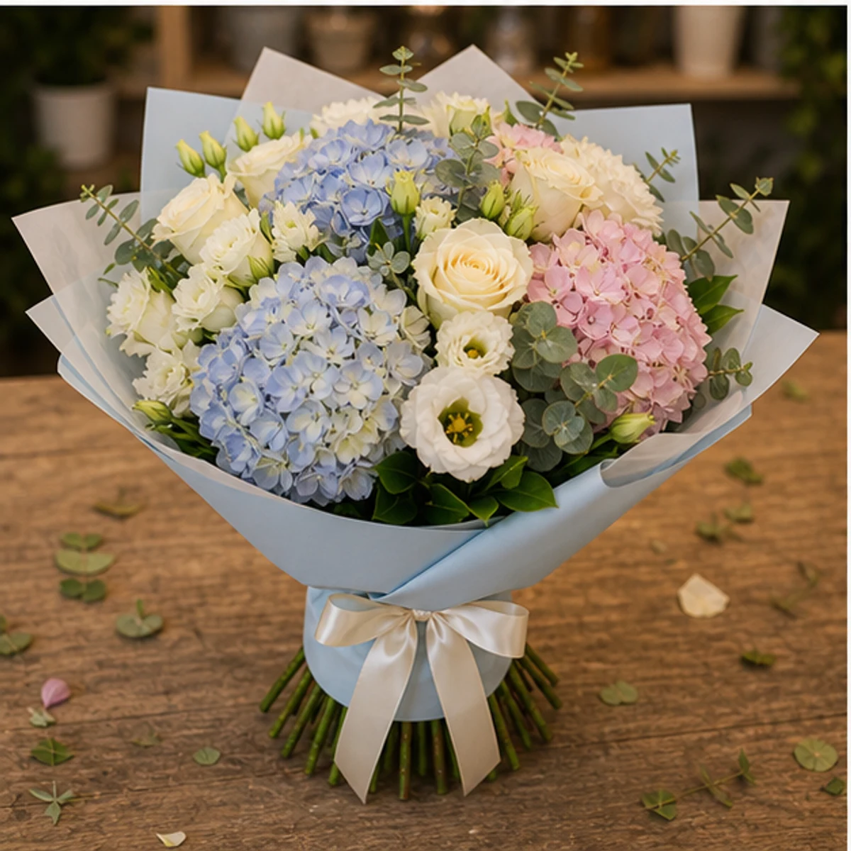 Buchet de flori pentru zi de nastere premium pastel cu hortensie - poza 3