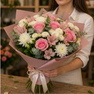 Buchet de flori pentru zi de nastere romantic cu trandafiri roz - poza 2