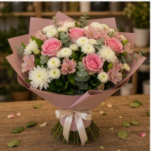 Buchet de flori pentru zi de nastere romantic cu trandafiri roz - poza 3