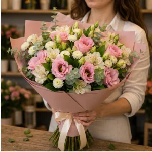 Buchet de flori pentru zi de nastere roz delicat cu lisianthus - poza 2