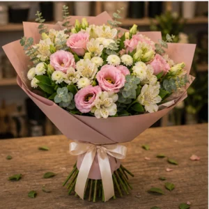 Buchet de flori pentru zi de nastere roz delicat cu lisianthus - poza 3