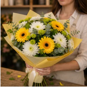 Buchet de flori pentru zi de nastere vesel cu crizanteme si gerbera - poza 2