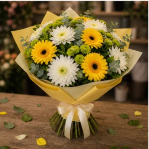 Buchet de flori pentru zi de nastere vesel cu crizanteme si gerbera - poza 3