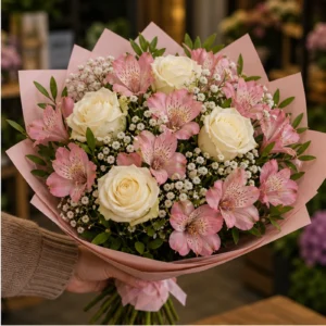 Buchet de flori pentru ziua mamei cu alstroemeria roz si trandafiri albi - poza 2