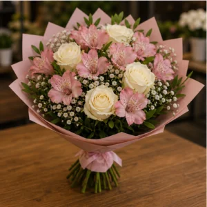 Buchet de flori pentru ziua mamei cu alstroemeria roz si trandafiri albi - poza 3