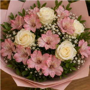 Buchet de flori pentru ziua mamei cu alstroemeria roz si trandafiri albi - poza 4