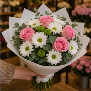 Buchet de flori pentru ziua mamei cu crizanteme albe si trandafiri roz - poza 2