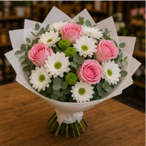 Buchet de flori pentru ziua mamei cu crizanteme albe si trandafiri roz - poza 3