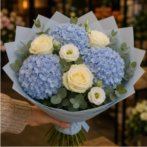 Buchet de flori pentru ziua mamei cu hortensii albastre si trandafiri crem - poza 2