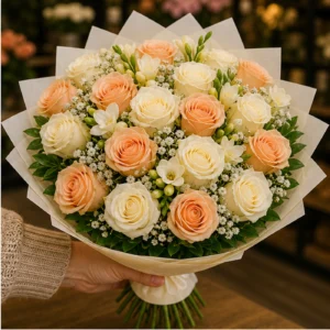 Buchet de flori pentru ziua mamei premium cu trandafiri albi si piersica - poza 2