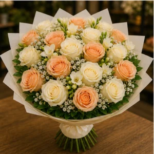 Buchet de flori pentru ziua mamei premium cu trandafiri albi si piersica - poza 3