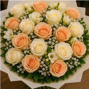 Buchet de flori pentru ziua mamei premium cu trandafiri albi si piersica - poza 4