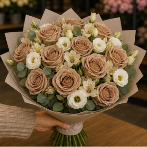 Buchet de flori pentru ziua mamei premium cu trandafiri cappuccino si lisianthus alb - poza 2