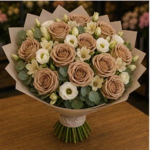 Buchet de flori pentru ziua mamei premium cu trandafiri cappuccino si lisianthus alb - poza 3