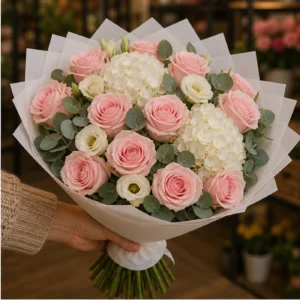 Buchet de flori pentru ziua mamei premium cu trandafiri roz pal si hortensie alba - poza 2