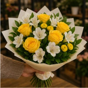 Buchet de flori pentru ziua mamei cu trandafiri galbeni si alstroemeria alba - poza 2