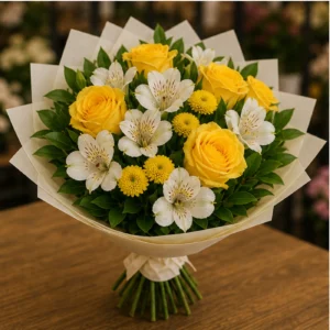 Buchet de flori pentru ziua mamei cu trandafiri galbeni si alstroemeria alba - poza 3